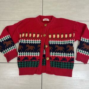 Vintage Warm Heart Kids Horse Racing Knit Long Sleeve Red Cardigan